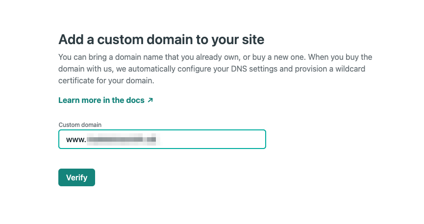 Part of a Netlify web page with the `custom domain` field filled in and with a `verify` button below