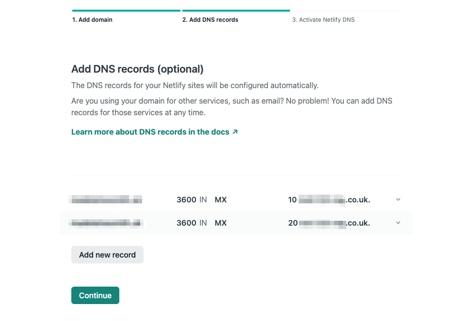 Part of a Netlify web page displaying a form to add new DNS records