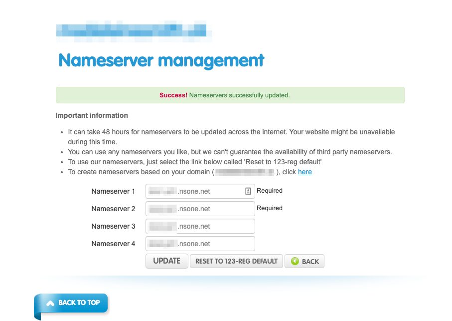 The `Name server management` page in 123 Reg page with the four name servers updated to Netlify name servers