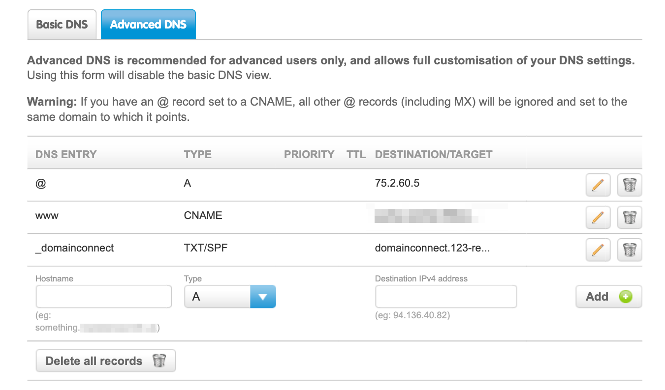 the DNS records in 123 Reg after adding the CNAME and A records