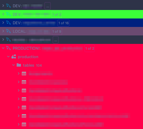 A screenshot of the database explorer in GoLand with each of the connections being a different bright color.