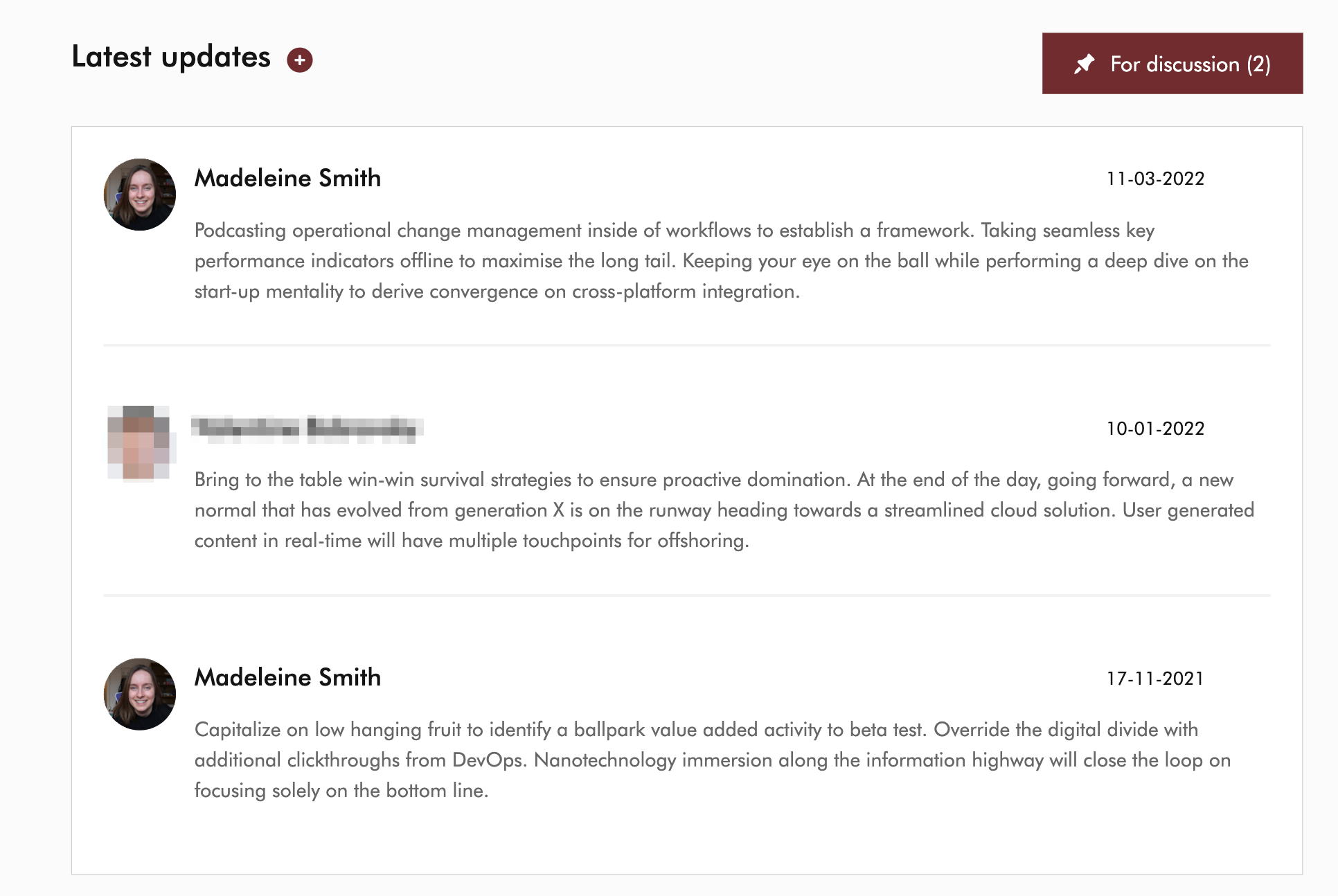 A screenshot of a web page in which 3 users have updates associated with them. And each update is a paragraph of 'cipsum'.