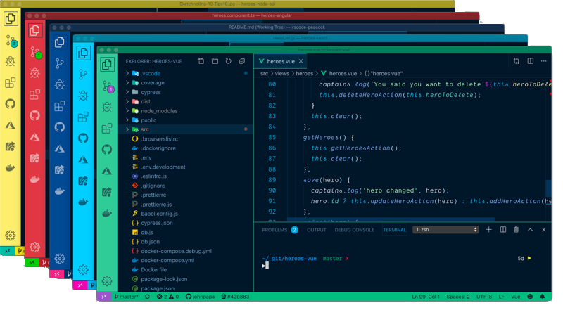 A screenshot of multiple brightly-colored VS Code instances.