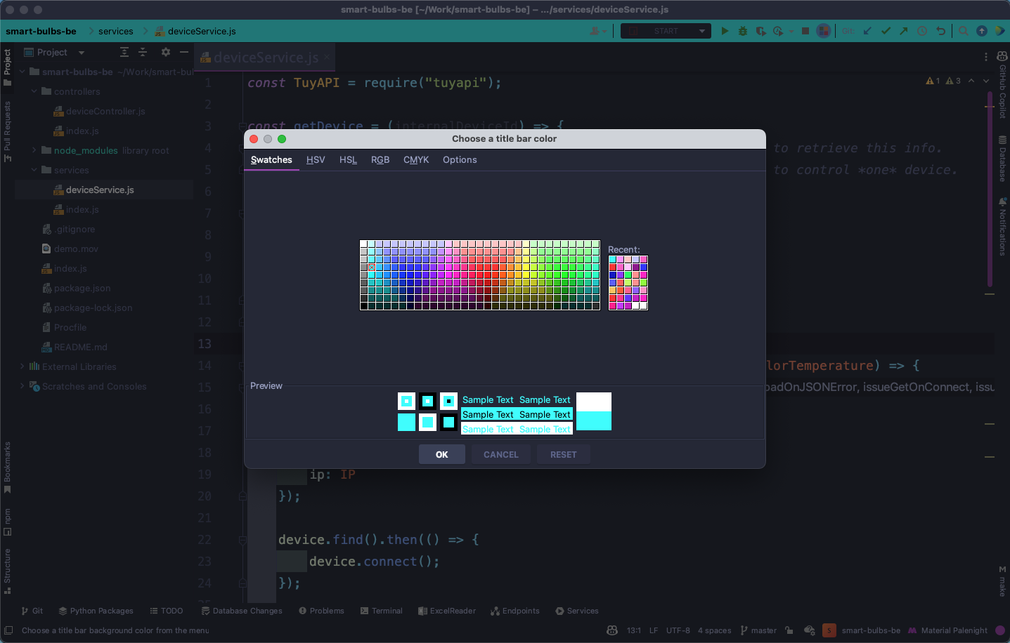 A screenshot of a Goland project with the 'Project Color' color picker in the foreground
