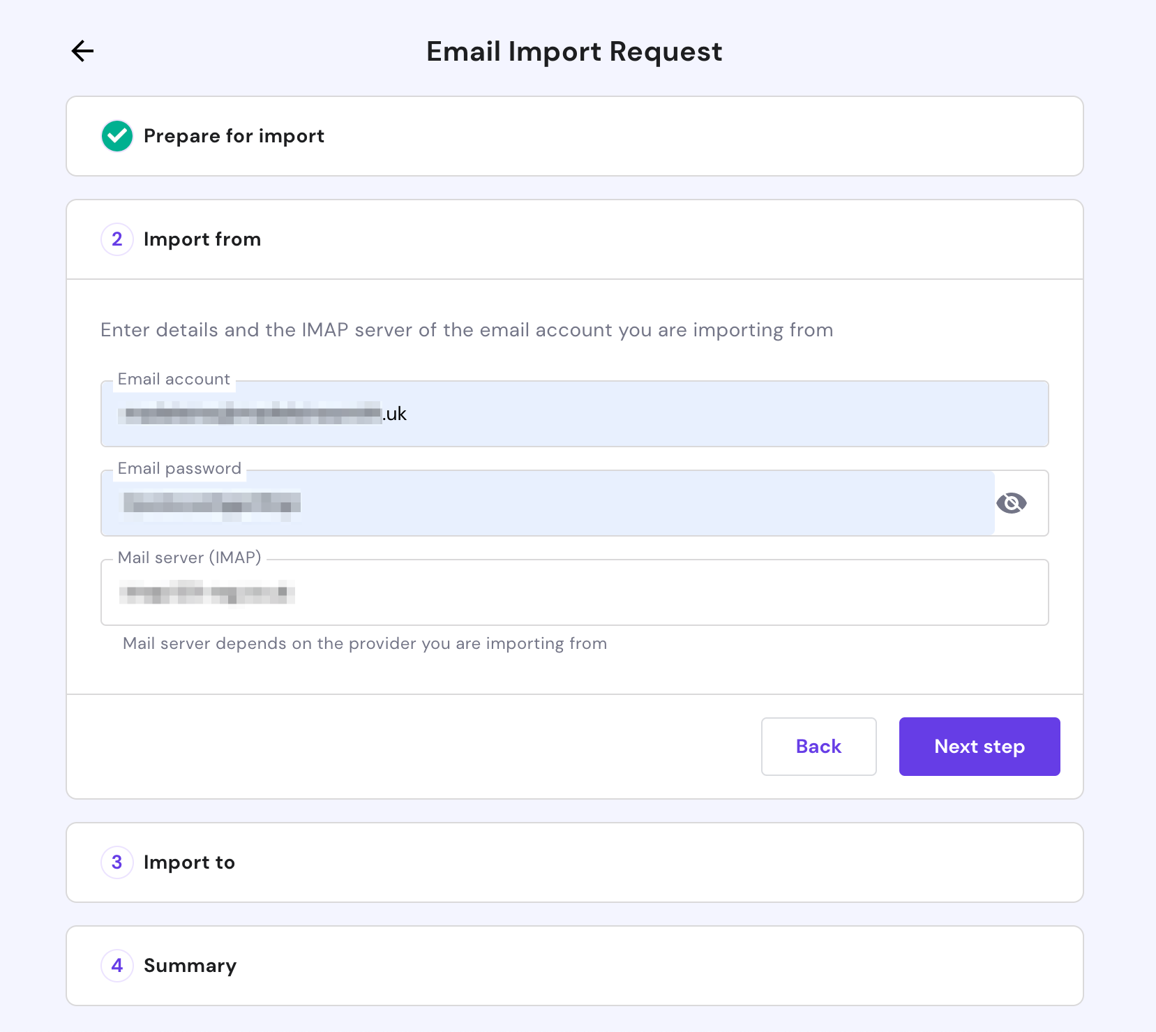 A screenshot of the 'import email' tool in Hostinger